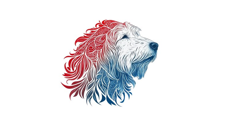 PSD ritratto artistico di un cane doodle rosso, bianco e blu