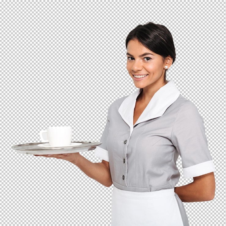 PSD ritratto di giovane donna allegra in uniforme grigia che tiene il vassoio del metallo con la tazza di caffè