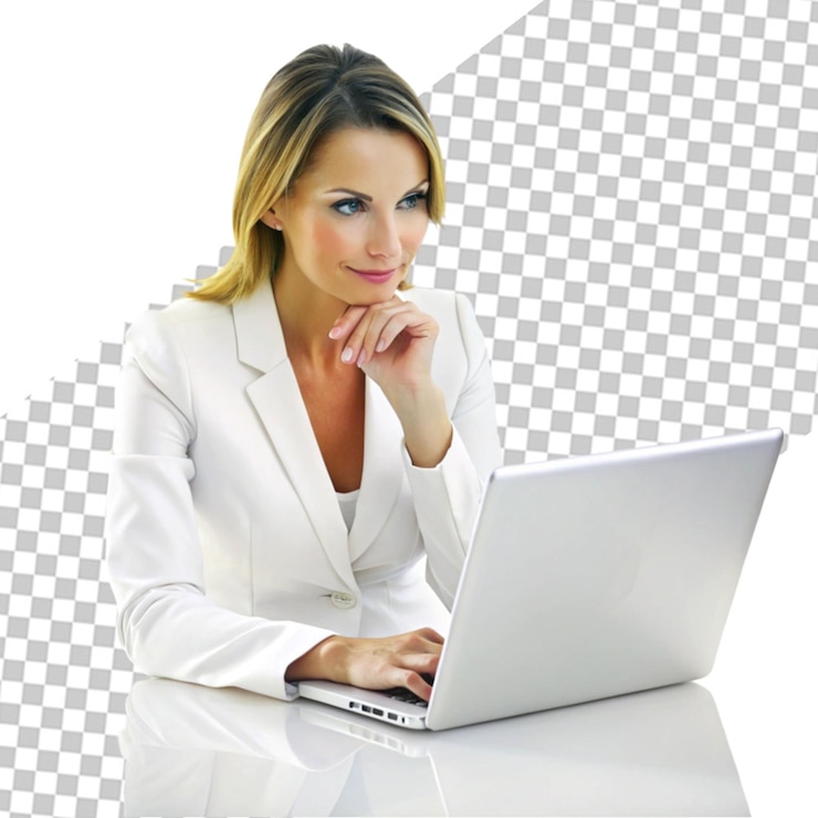 PSD ritratto di giovane donna di affari che si siede nel luogo di lavoro facendo uso del computer portatile nell'ufficio