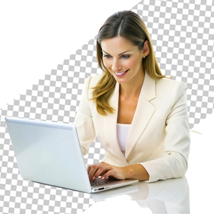 PSD ritratto di giovane donna di affari che si siede nel luogo di lavoro facendo uso del computer portatile nell'ufficio