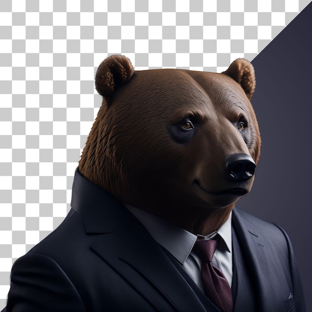 Ritratto di orso antropomorfo umanoide che indossa un abito da uomo d'affari isolato trasparente