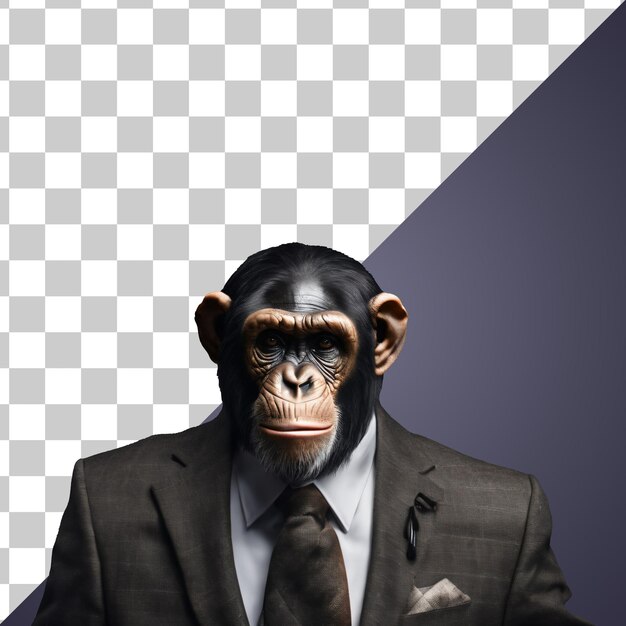Ritratto di scimpanzé umanoide antropomorfo che indossa un abito da uomo d'affari isolato trasparente