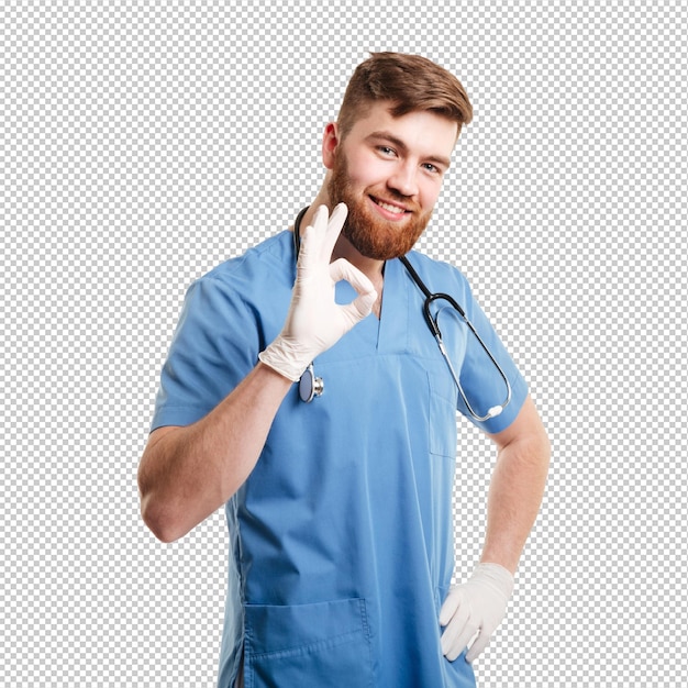 Ritratto di un amichevole medico felice che mostra il gesto ok