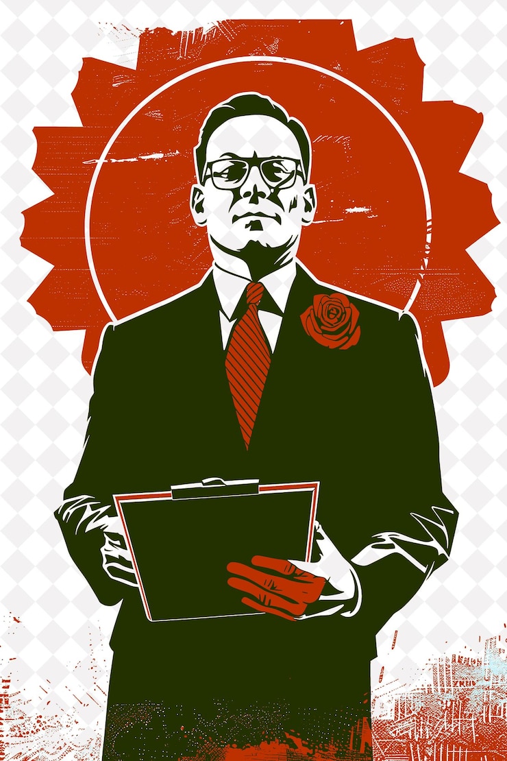 PSD ritratto di un candidato presidenziale fiducioso con un'illustrazione piatta a rosetta rossa per la campagna elettorale
