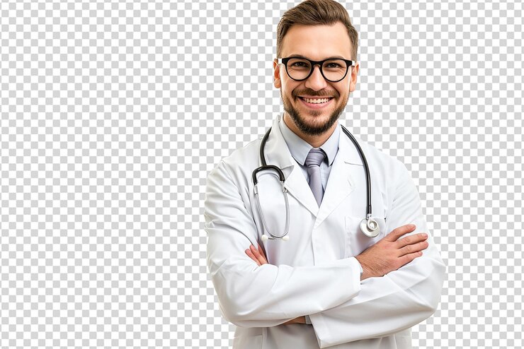 PSD ritratto di un medico in camico da laboratorio con stetoscopio su sfondo bianco isolato