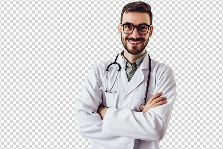 PSD ritratto di un medico in camico da laboratorio con stetoscopio su sfondo bianco isolato