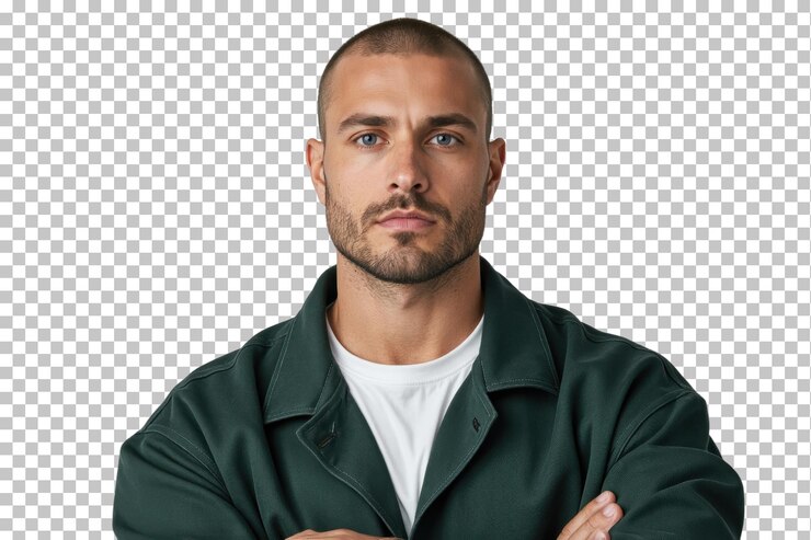 PSD ritratto di un uomo con una giacca verde a chiusura espressione neutrale