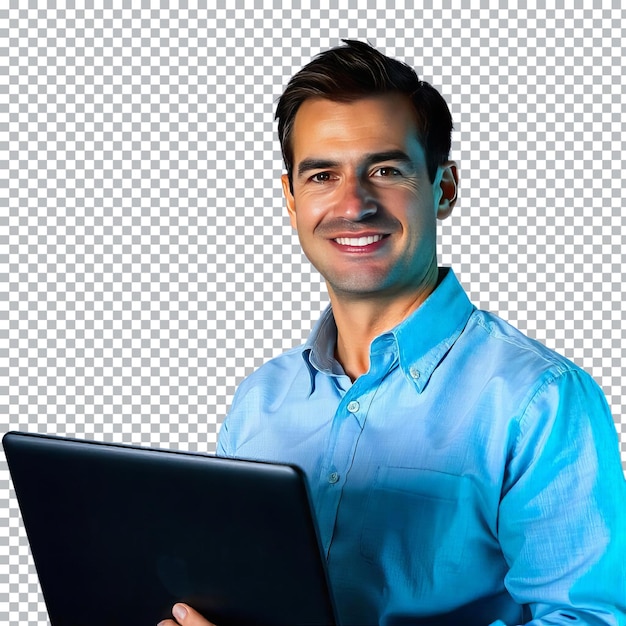 Ritratto di un uomo d'affari in piedi con un laptop e guardando i media con un sorriso felice che condivide il web co