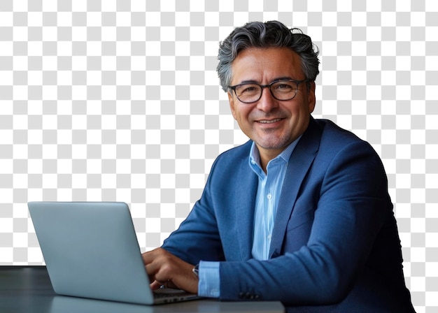 Ritratto di un uomo d'affari sicuro occhiali laptop ufficio