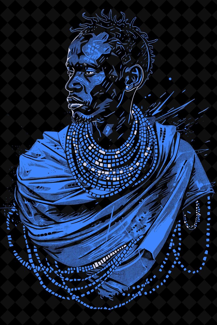 PSD ritratto di un uomo guerriero masai che indossa un panno shuka rosso e be vivid color design collezioni png