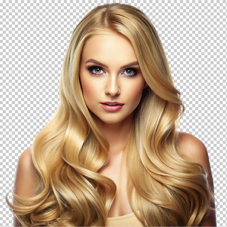 PSD ritratto di una bellezza bionda con bellissimi capelli lunghi e sani su uno sfondo trasparente