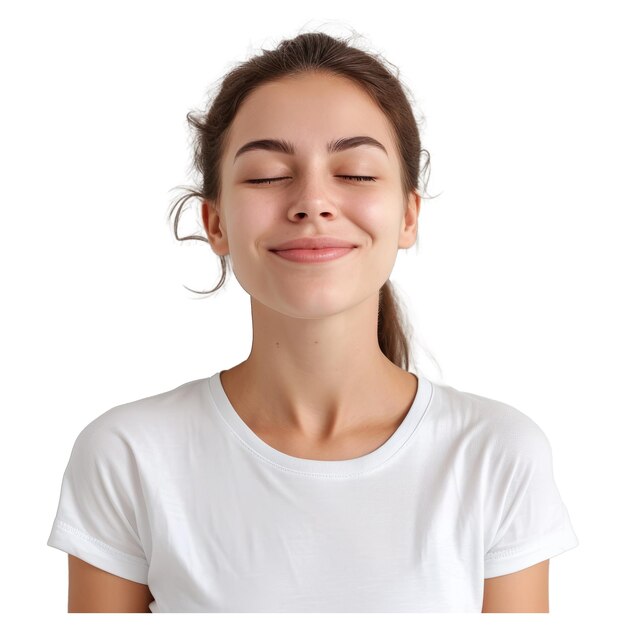 Ritratto di una donna felice e positiva con gli occhi chiusi che sorride spensierata in t-shirt