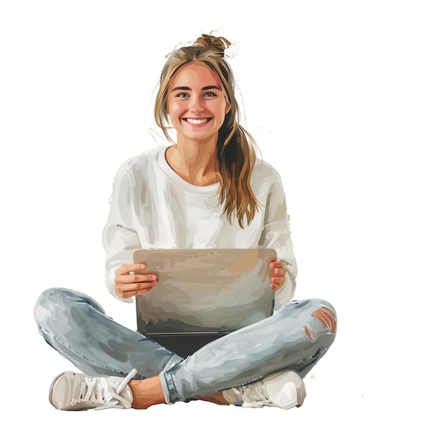 Ritratto di una giovane donna felice seduta con le gambe incrociate usando un portatile