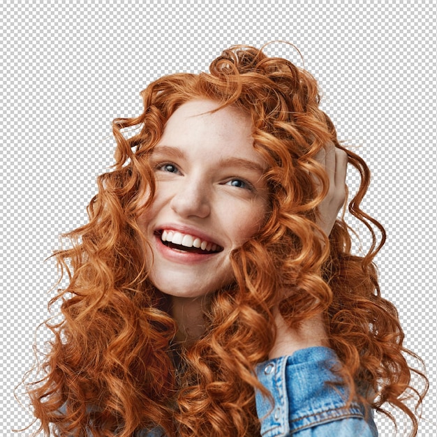 Ritratto di una ragazza carina e felice che sorride toccando i suoi capelli rossi ricci.