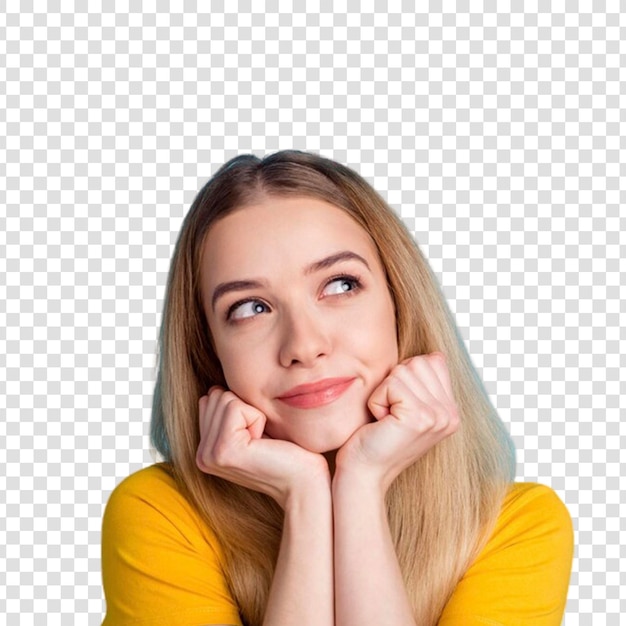Ritratto di una ragazza giovane dai capelli dritti, carina, felice, sorridente, le mani che toccano le guance, spazio di copia