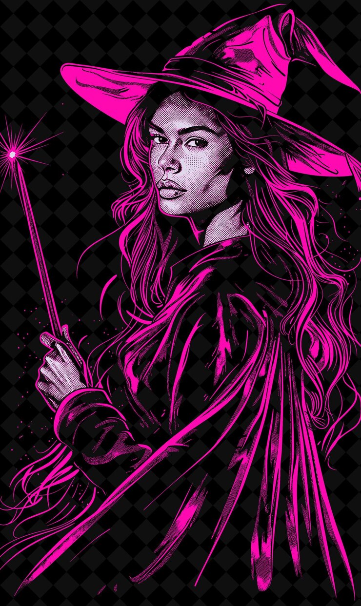 PSD ritratto di una strega con un cappello appuntito e un mantello nero con disegni a colori vivaci png collezioni