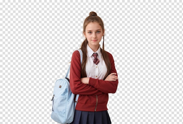 Ritratto di una studentessa con uno zaino isolato su sfondo trasparente