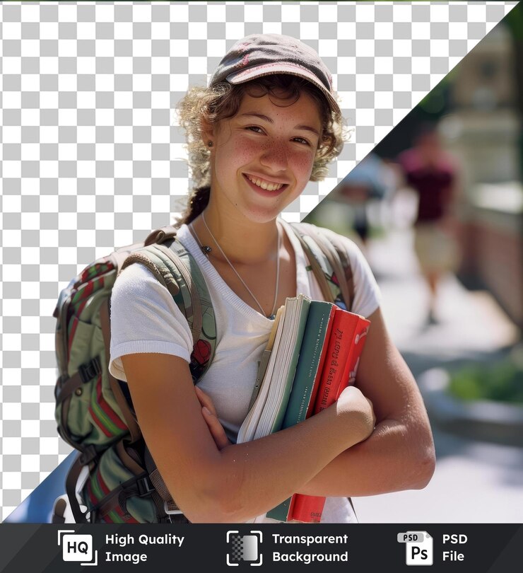PSD ritratto trasparente di un giovane studente universitario sorridente con libri e zaino per strada