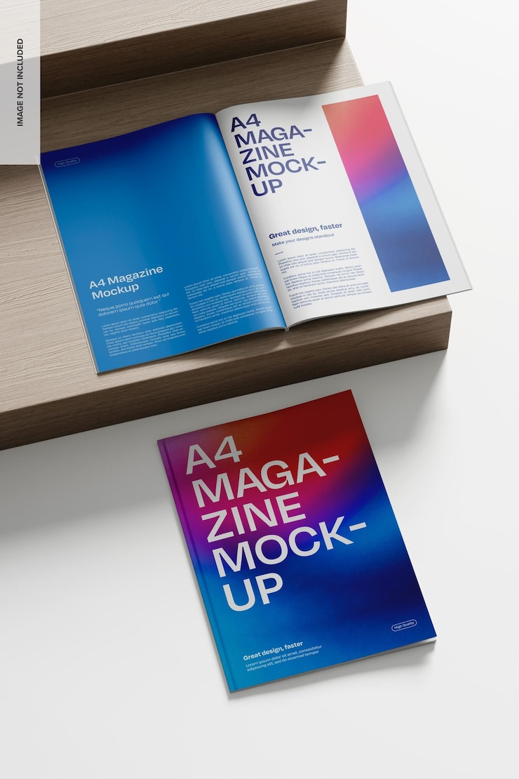 PSD riviste a4 su mockup di podio in legno aperte e chiuse