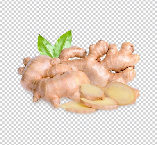 Rizoma de gengibre fresco e fatiado com folhas isoladas PSD Premium