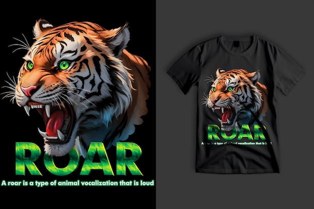 PSD roar cara de tigre perigoso rugindo design de camiseta com texto 3d para impressão dtf ou dtg