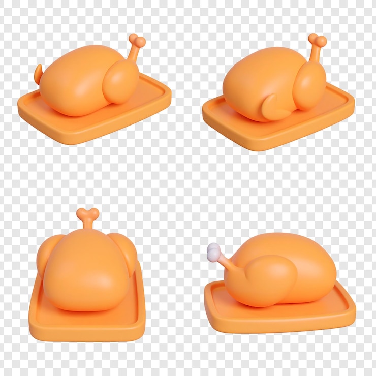 PSD roasted chicken on roasting pan four view illustration