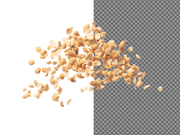 Roasted Peanut Bean Fly Explosion Group Roasted Peanut Bean Float explodieren abstrakte Wolkenfliege Roasting Peanut Beans Spritzwerfen in Luft Weißer Hintergrund Isolierte Hochgeschwindigkeitsverschluss-Fried-Bewegung