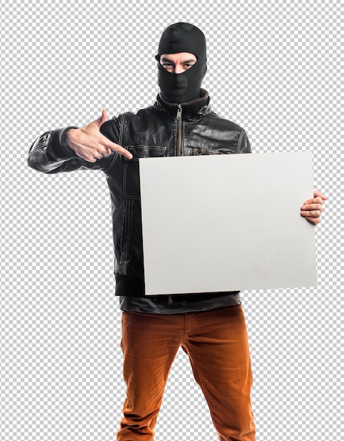 Robber hält ein leeres Plakat