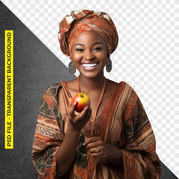 PSD la robe traditionnelle d'une femme africaine mange une pomme psd transparent