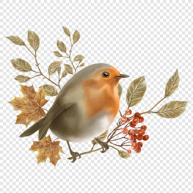 PSD robin red breast bird rustic fall autumn png clipart elements