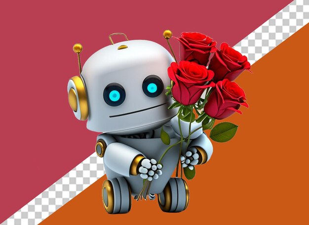 PSD robô branco segurando bolo e flores