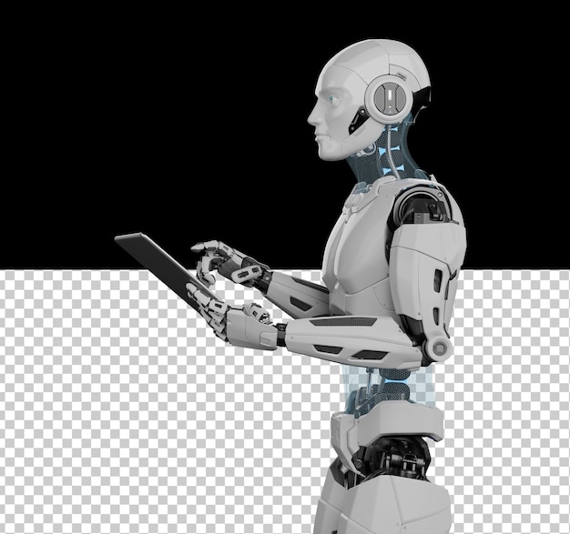 Robô humanóide segurando o tablet digital isolado renderização 3d