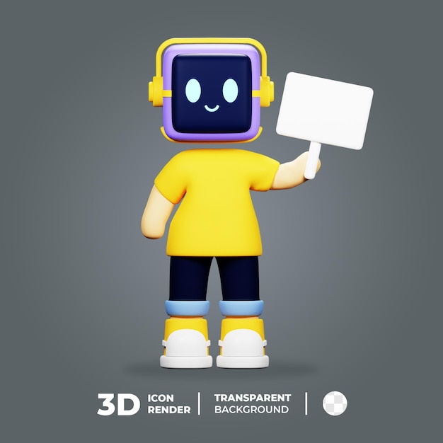 Robô mascote 3d segurando sinal