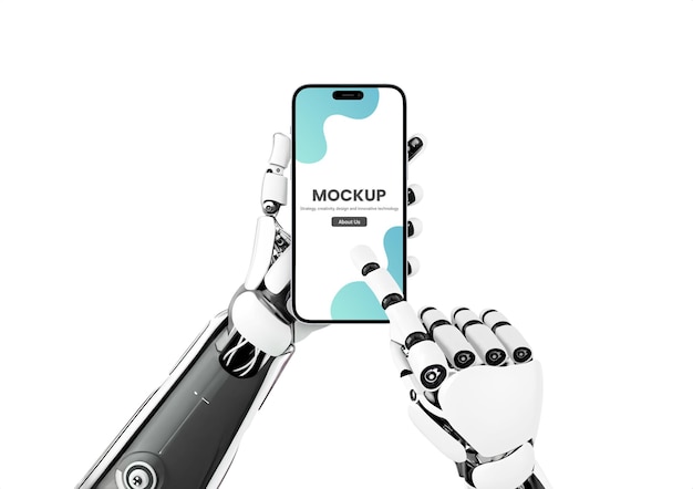 Robô segurando um modelo de telefone inteligente