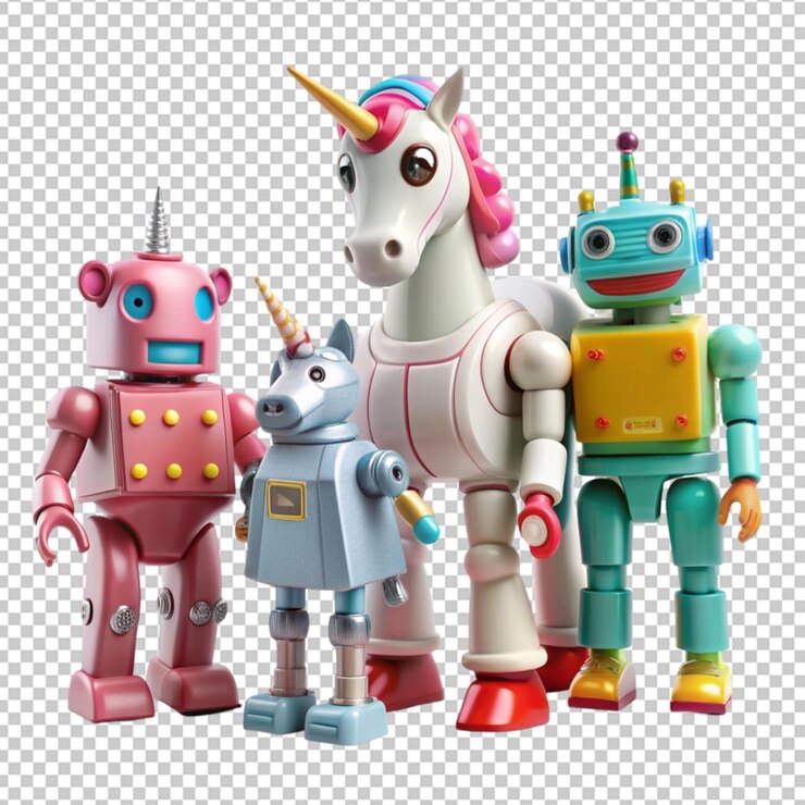 PSD robôs de brinquedo e unicórnio mágico figurando