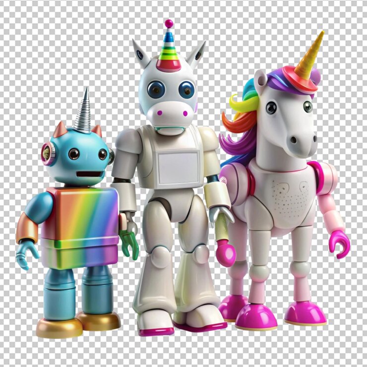 PSD robôs de brinquedo e unicórnio mágico figurando