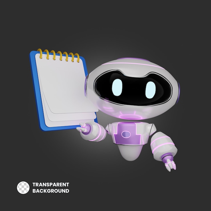 PSD robot de ai de renderizado 3d con ilustración en papel en blanco