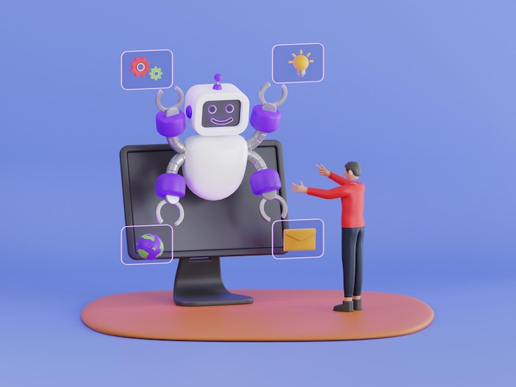 PSD le robot aide l'homme à faire du travail l'assistant d'intelligence artificielle le robot de soutien travaille avec l'employeur au bureau sur l'ordinateur portable