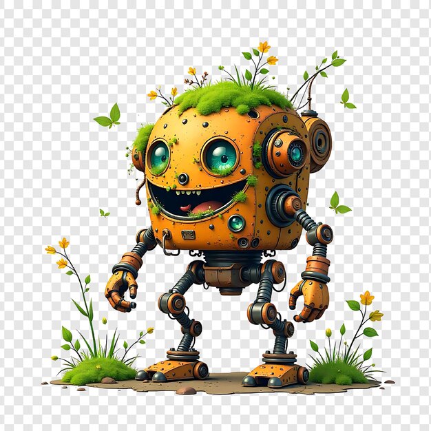 un robot amarillo con ojos verdes y una nariz amarilla