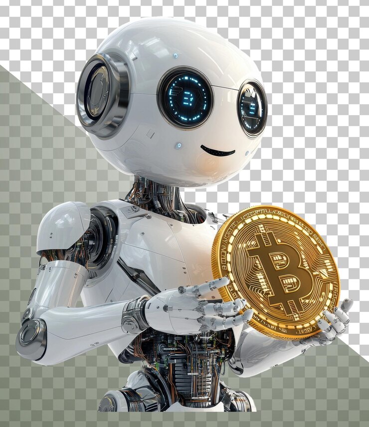 PSD robot amigable de png con una moneda de bitcoin