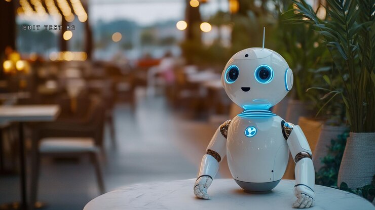 PSD un robot amigable sentado en una mesa en un restaurante