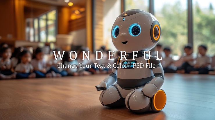 PSD un robot amigable se sienta frente a una clase de niños