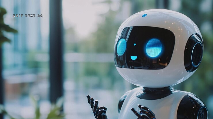 PSD un robot amistoso con ojos azules brillantes hace gestos en una oficina moderna