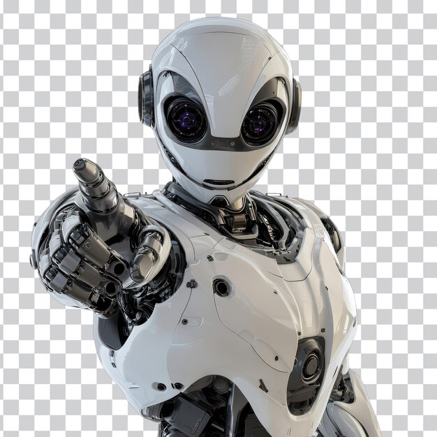 Robot Android con intelligenza artificiale che indica il gesto della mano sullo sfondo trasparente