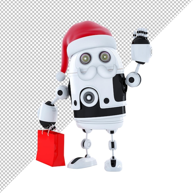 Robot Android con gorro de Papá Noel y una bolsa de compras aislado en blanco