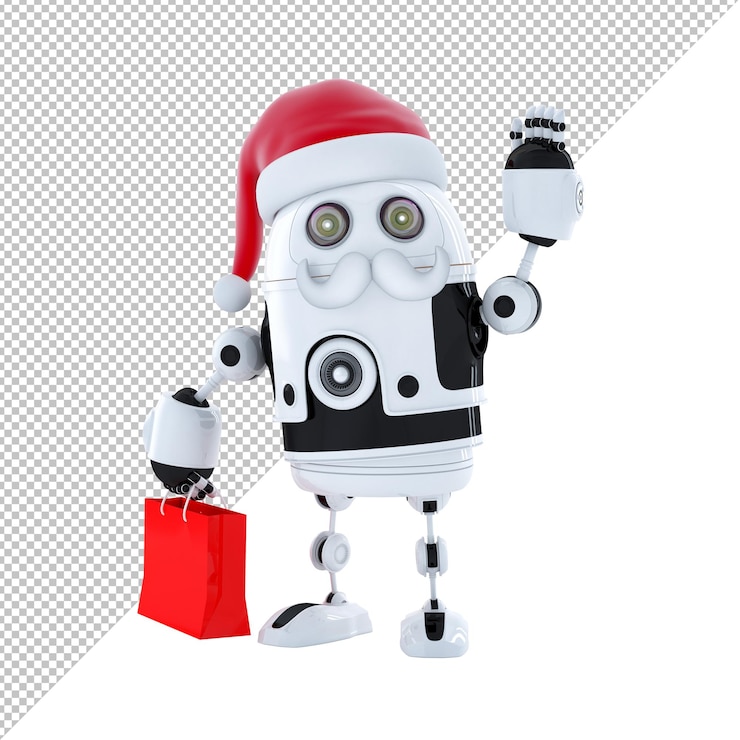 PSD robot android con gorro de papá noel y una bolsa de compras aislado en blanco