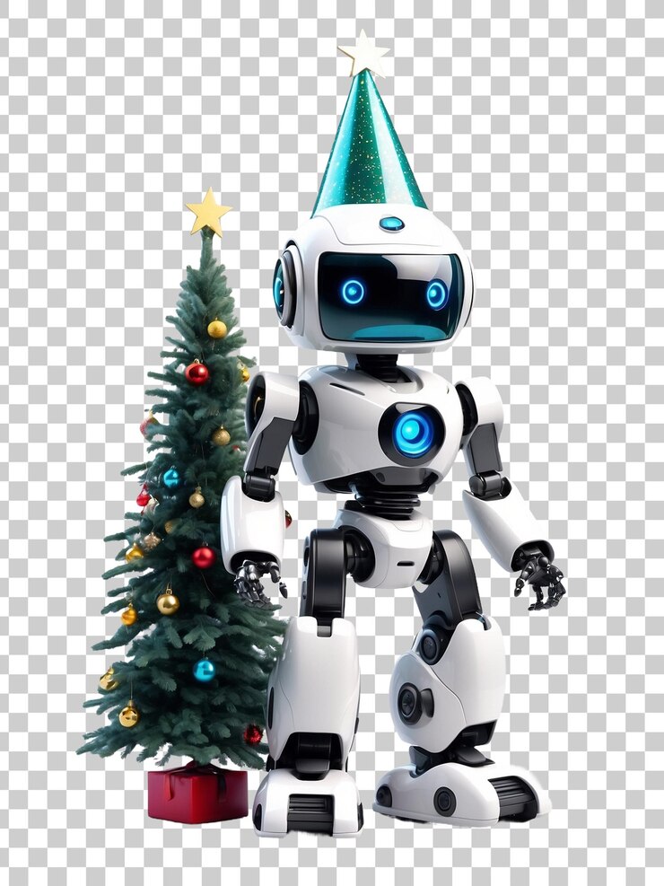 PSD un robot con un árbol de navidad en el fondo