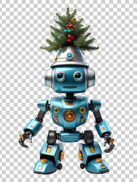 un robot con un árbol de Navidad en el fondo