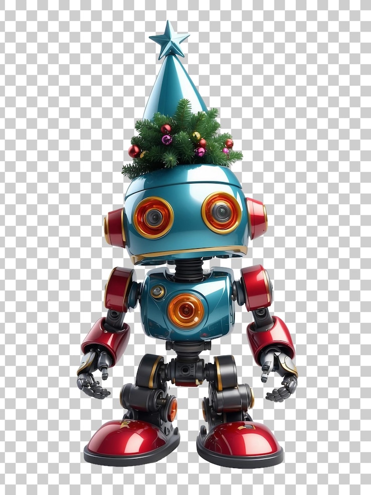 PSD un robot con un árbol de navidad en el fondo