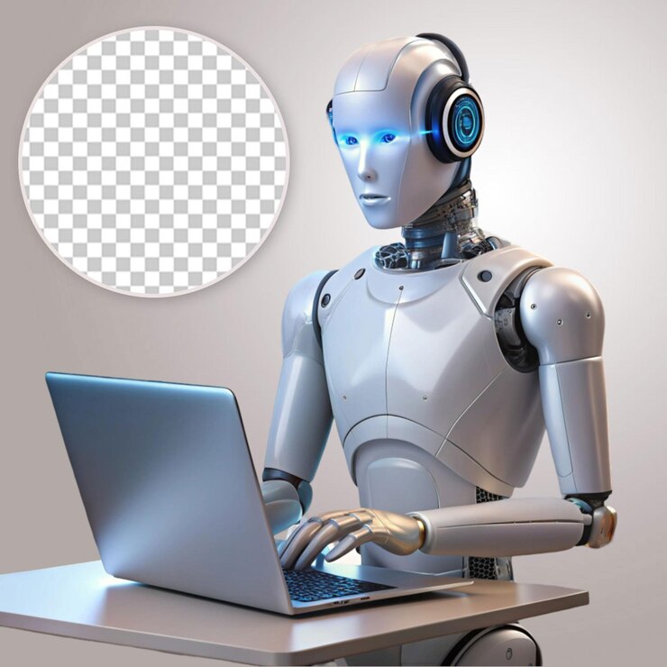PSD robot avanzado usando una computadora portátil sobre un fondo transparente